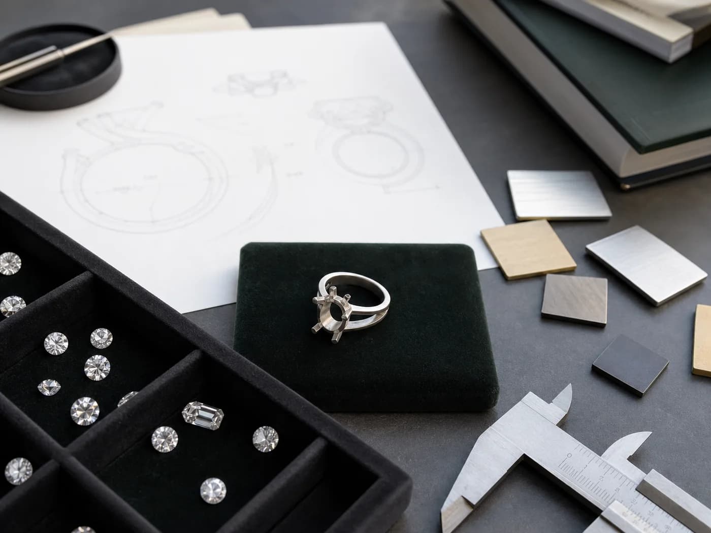 Illustrative small-batch jewelry development workspace with loose laboratory-grown diamonds