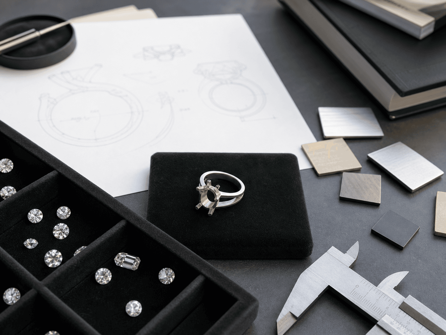 Illustrative small-batch jewelry development workspace with loose laboratory-grown diamonds