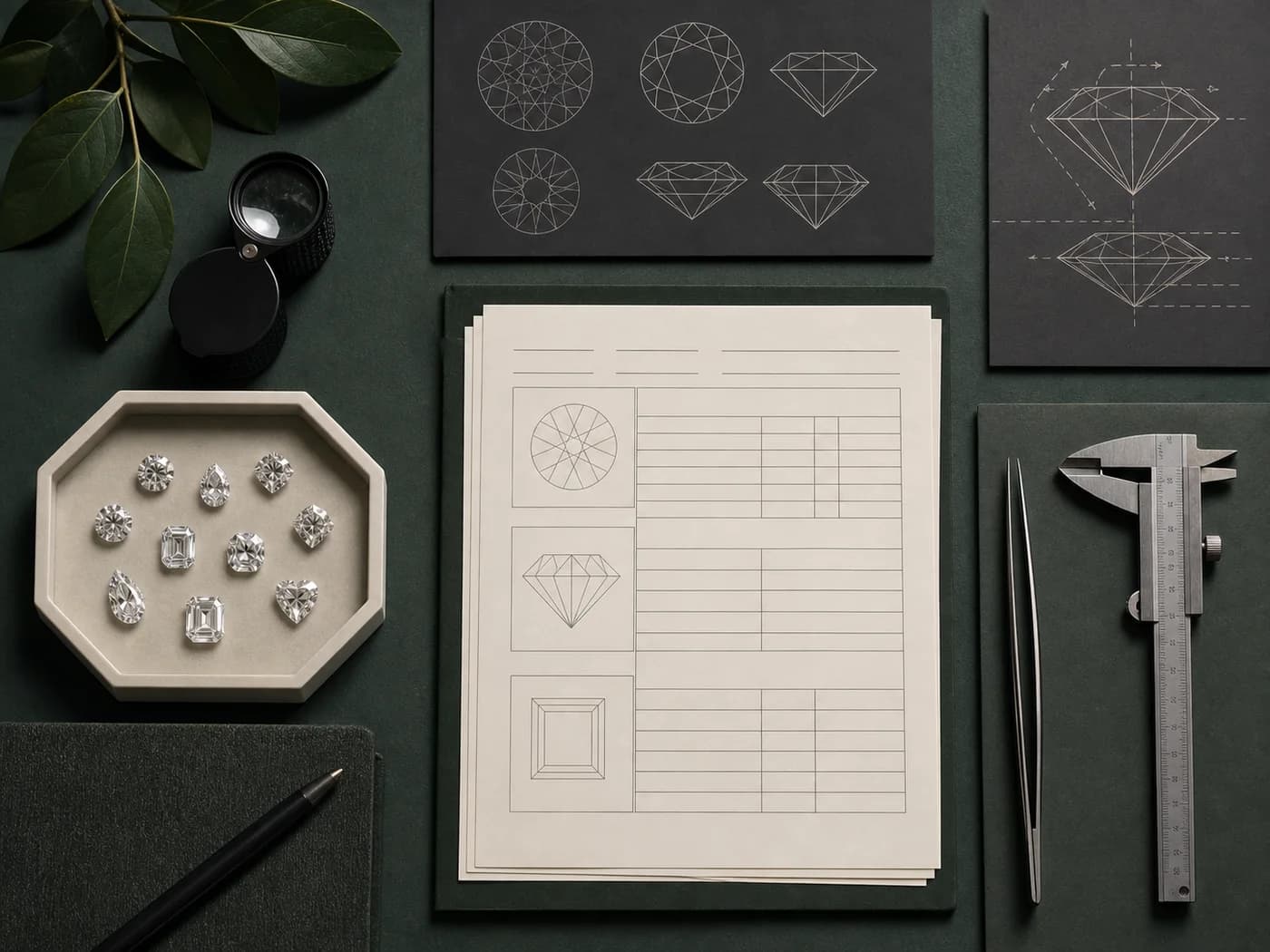 Illustrative buyer education desk with diamond shapes, proportion diagrams and gemological tools