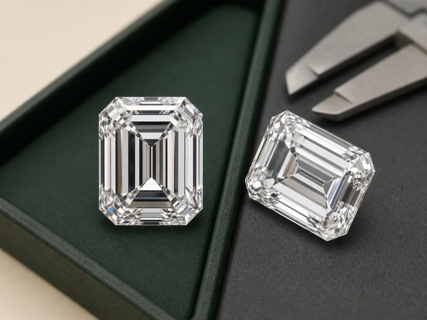 Illustrative top and angled views of emerald cut laboratory-grown diamonds with visible step facets