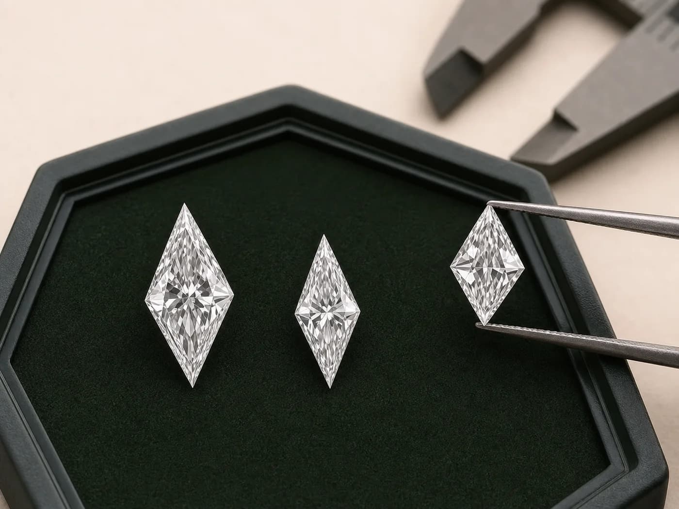 Illustrative kite-cut laboratory-grown diamonds arranged for custom-shape comparison