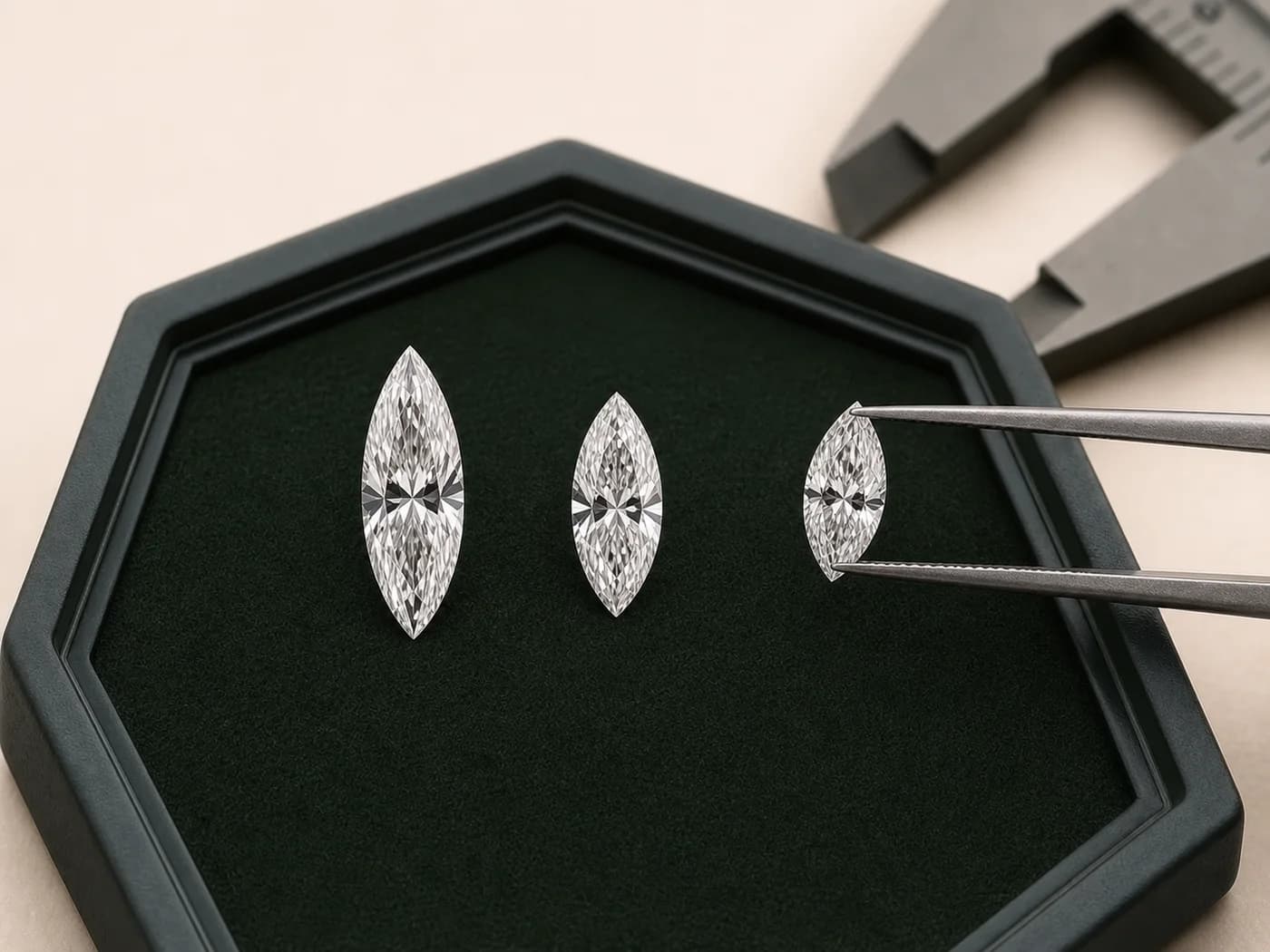 Illustrative marquise laboratory-grown diamonds arranged for ratio and tip-symmetry comparison