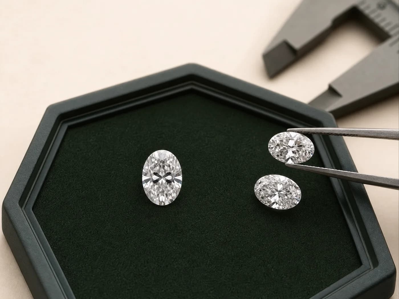 Illustrative top views of oval laboratory-grown diamonds arranged for outline comparison
