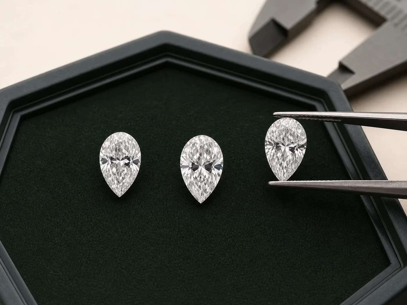 Illustrative pear-shaped laboratory-grown diamonds arranged for outline and symmetry comparison