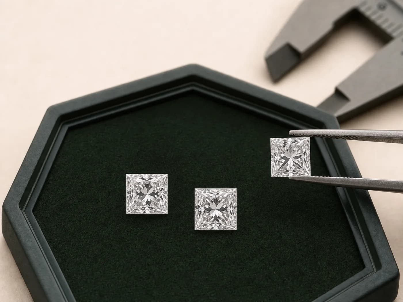 Illustrative princess-cut laboratory-grown diamonds arranged for square-outline and corner comparison