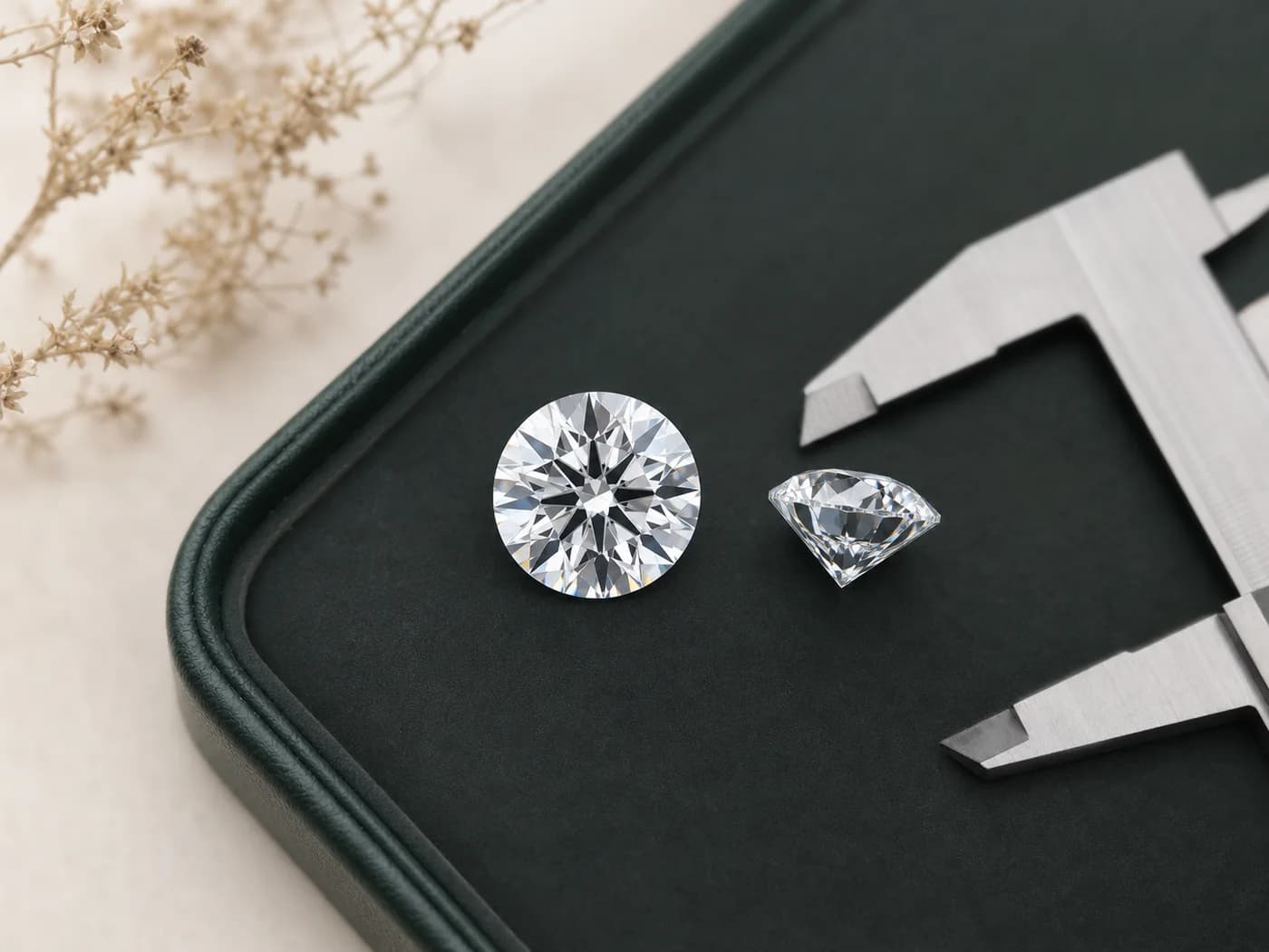 Illustrative top and angled views of a round brilliant laboratory-grown diamond