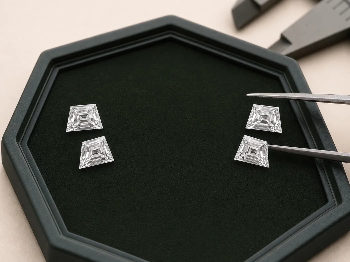Illustrative mirrored trapezoid laboratory-grown diamond side-stone pairs