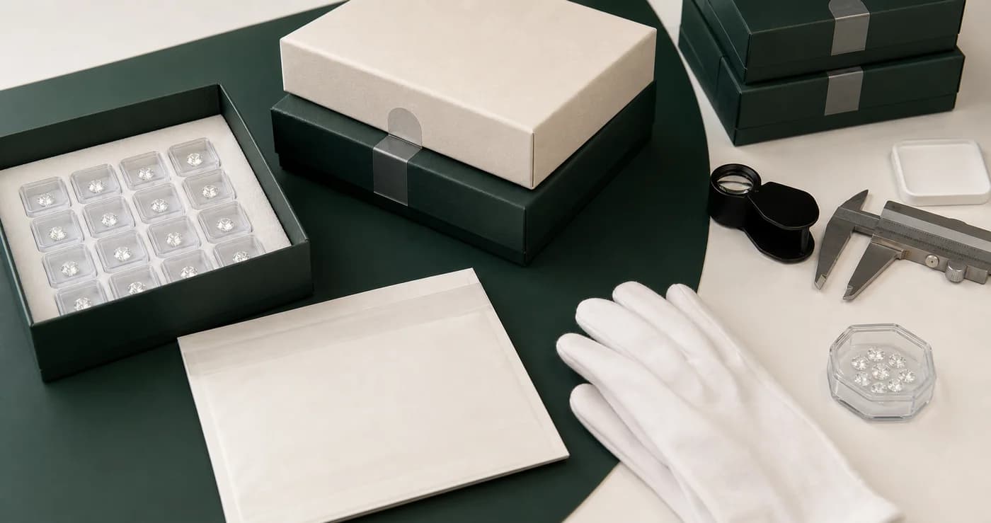 Illustrative shipment preparation with neutral packaging, stone containers and inspection tools