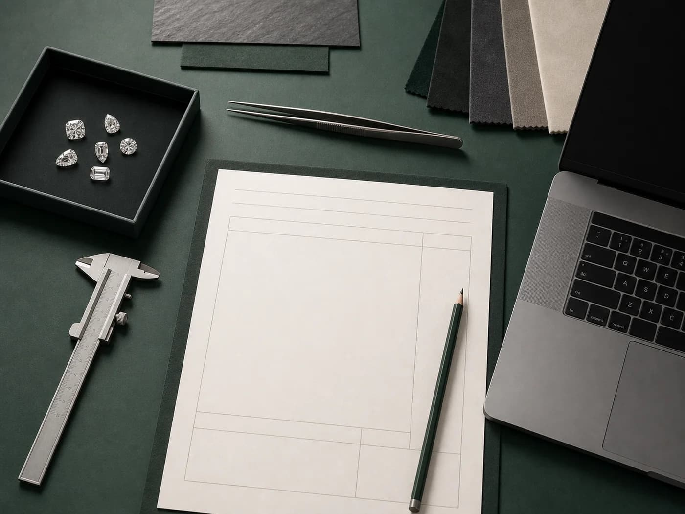 Illustrative sourcing specification desk with a blank brief, mixed diamond shapes and measuring tools