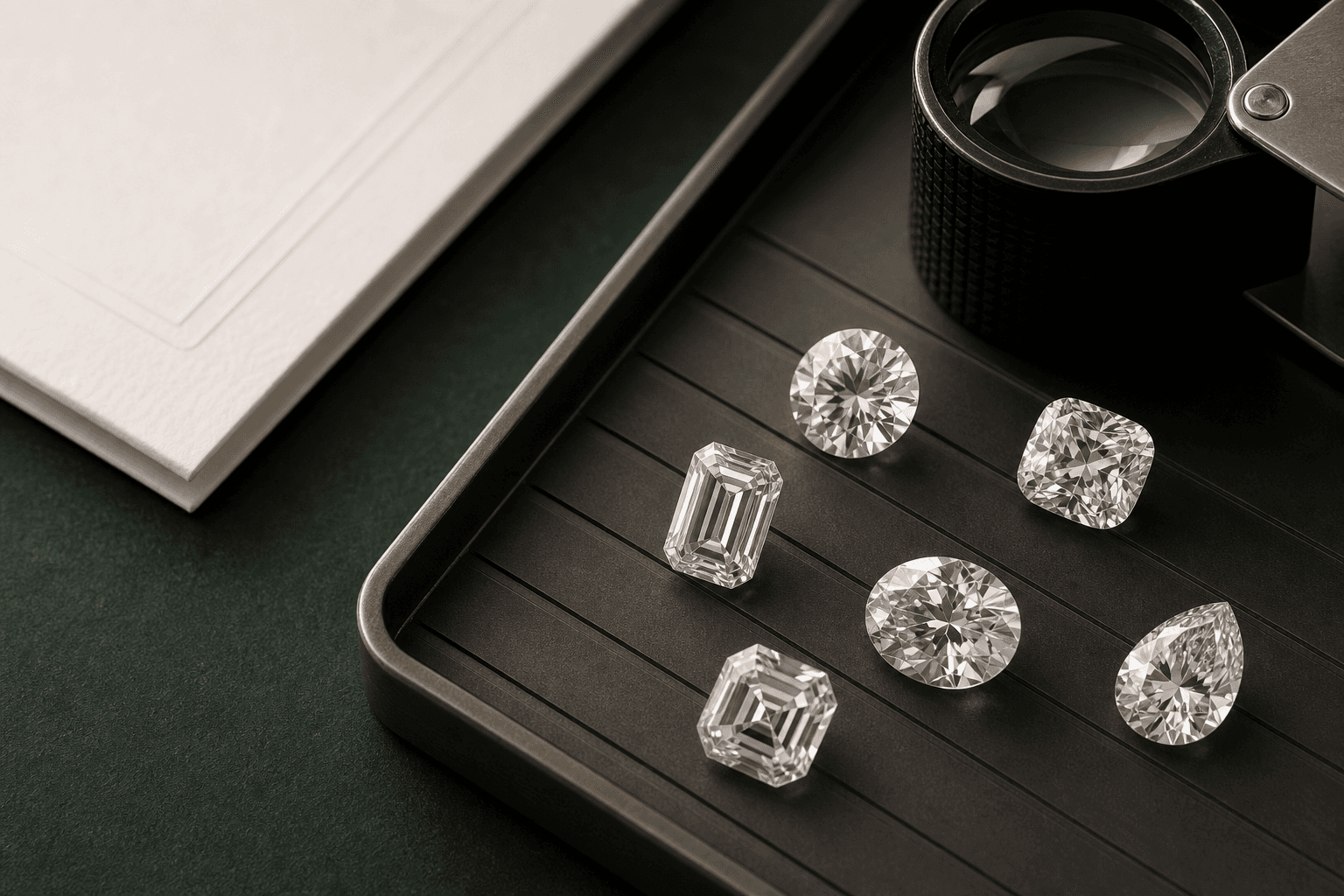 Loose laboratory-grown diamonds arranged on a jeweler's sorting tray beside a loupe