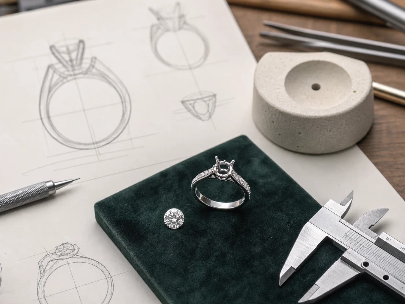 Illustrative bridal design desk with a ring setting, diamond tray, sketch and caliper