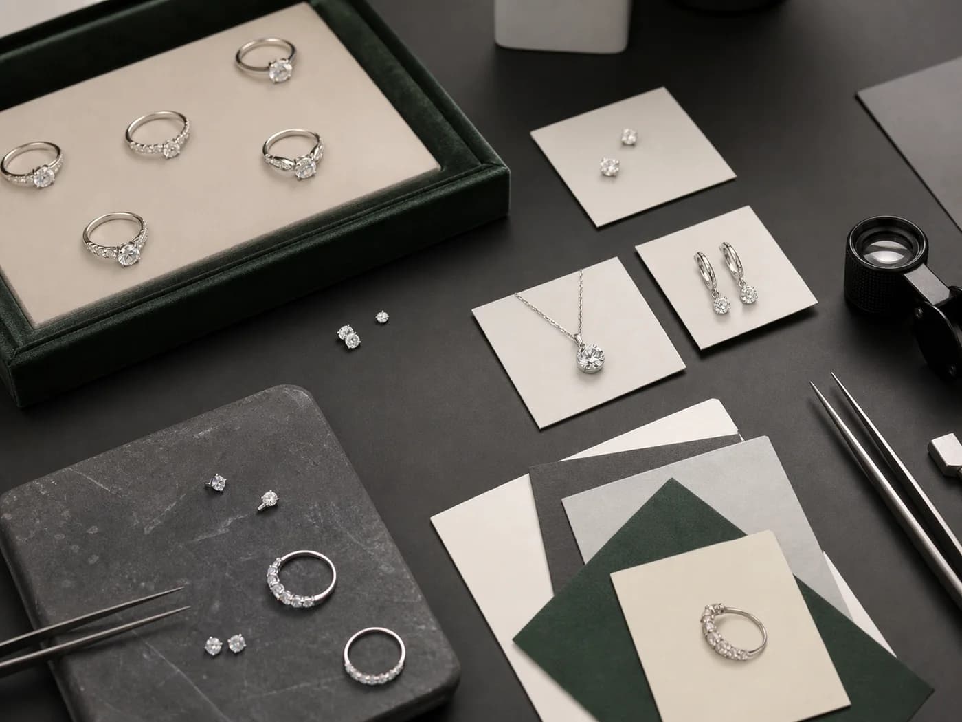 Illustrative small jewelry collection arranged for a professional brand review