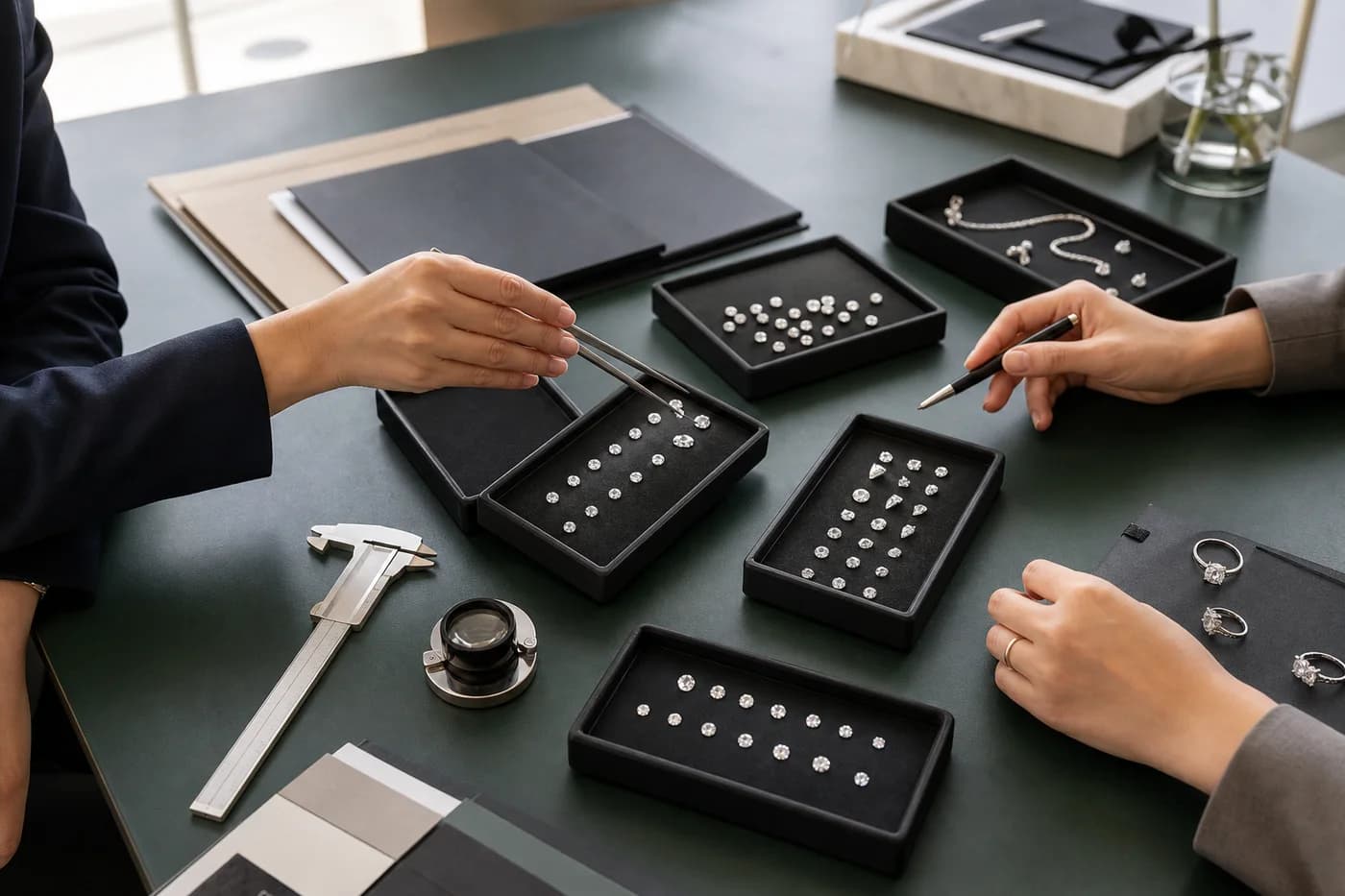Illustrative China-based sourcing meeting with laboratory-grown diamond trays and inspection tools