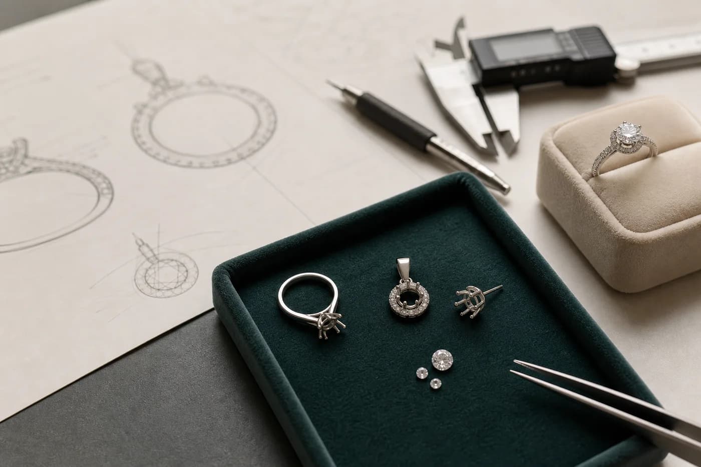 Illustrative custom jewelry coordination desk with settings, stones and design drawings