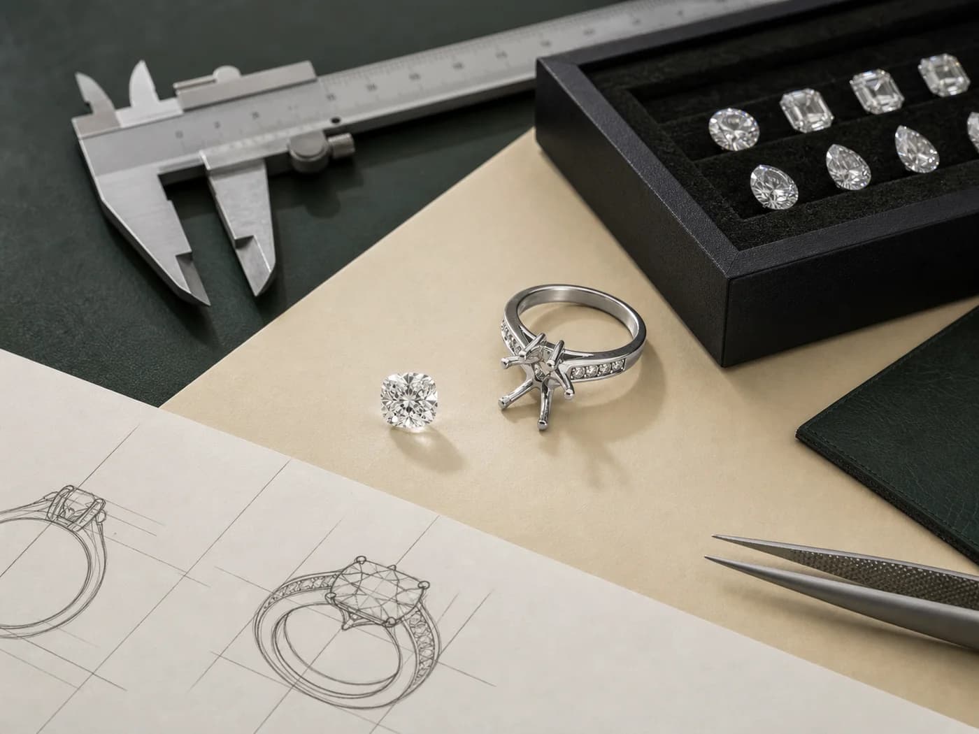 Illustrative engagement ring production brief with a loose center stone, setting and design sketch