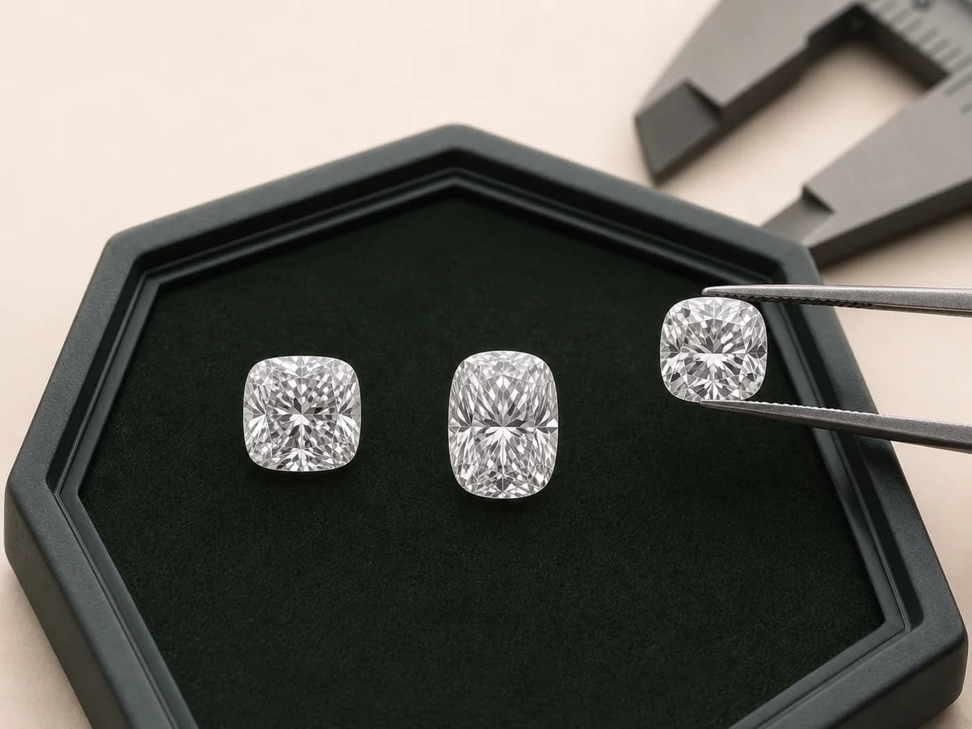Illustrative square and elongated cushion laboratory-grown diamonds arranged for facet comparison