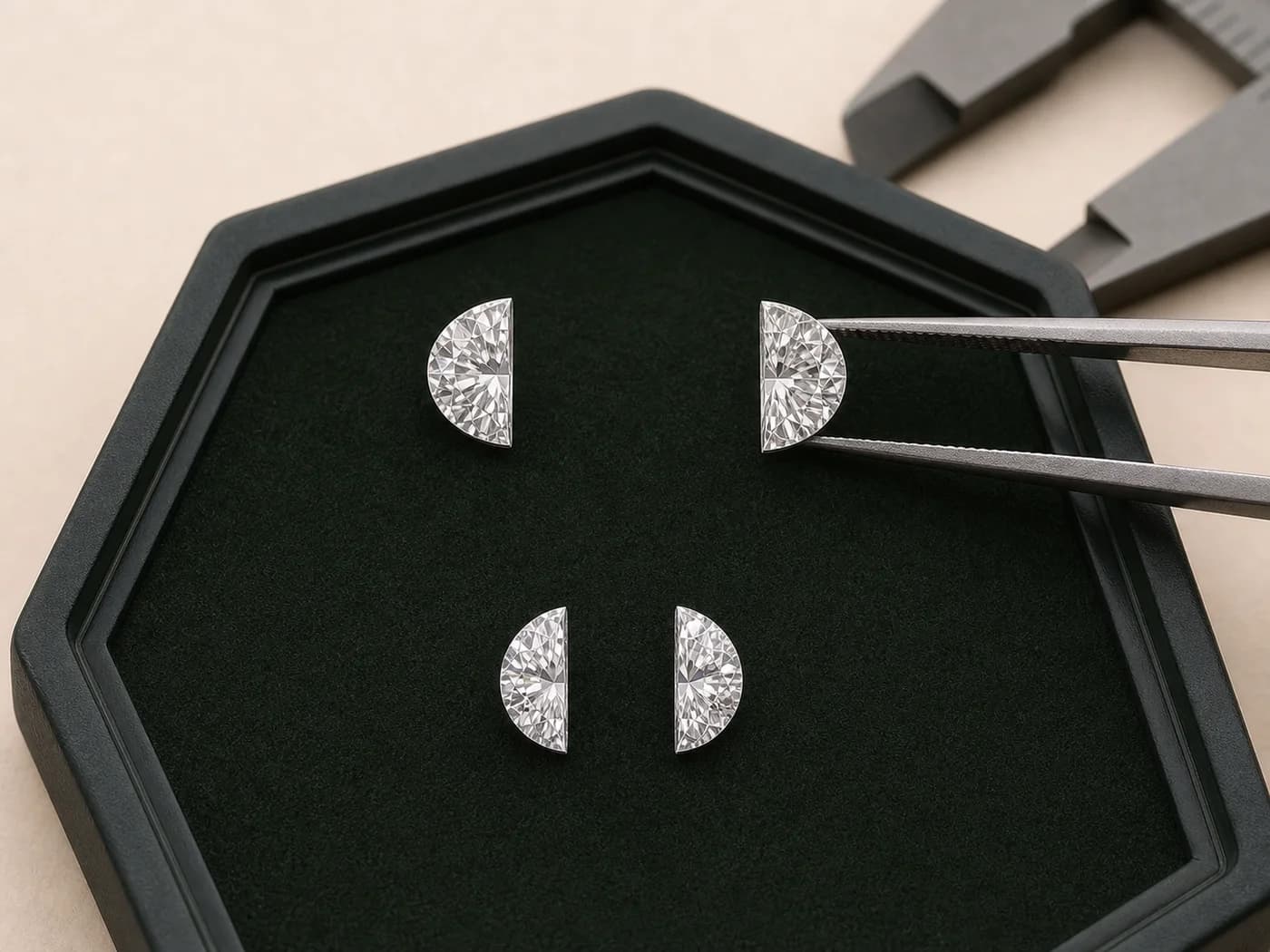 Illustrative mirrored half-moon laboratory-grown diamond side-stone pairs