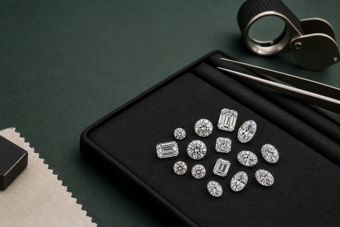 Illustrative assortment of loose laboratory-grown diamonds arranged for wholesale selection